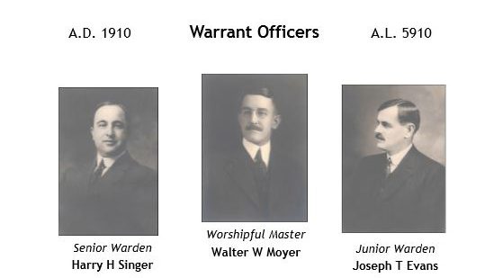 Warrant Officers - Senior Warden Harry H Singer, Worshipful Master Walter W Moyer, Junior Warden Joseph T Evans